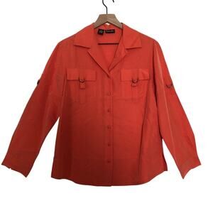 Rafaella Orange Button Up Front Long Sleeve Chest Pockets Shirt Blouse Top
